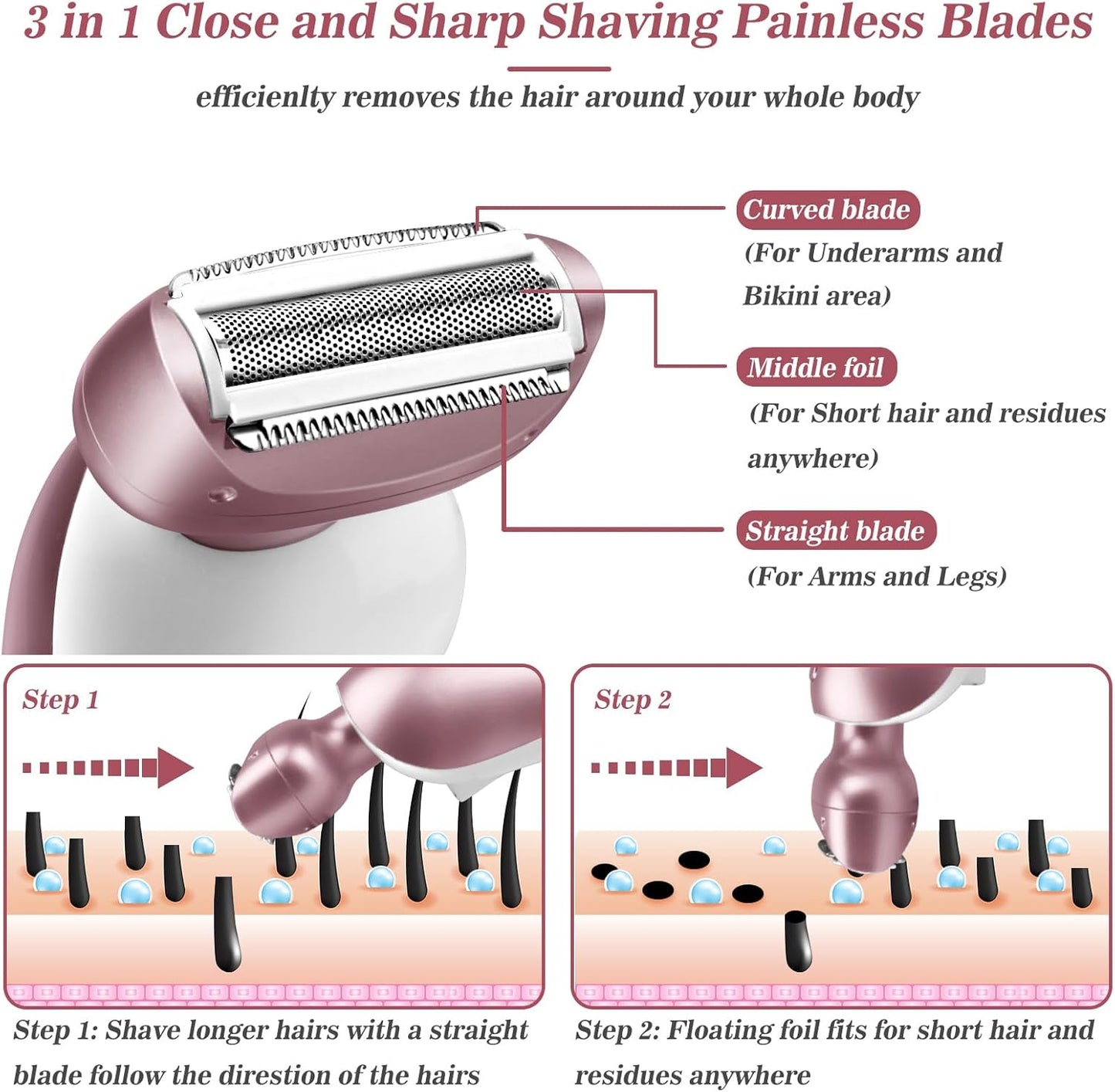 Akunbem Electric Shaver for Women — 3-in-1 Waterproof Rechargeable Trimmer